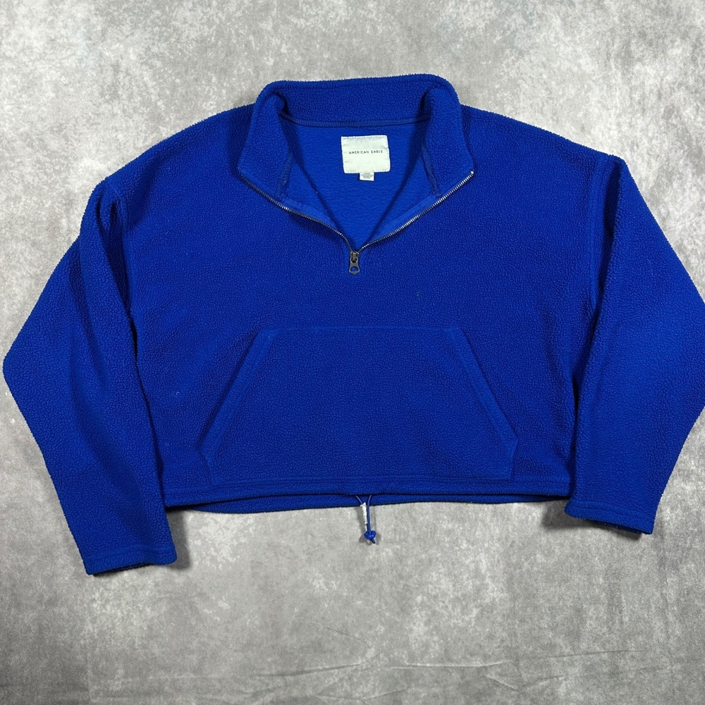 American Eagle Women M Royal Blue Cropped Fleece Quarter Zip Pullover Sweatshirt